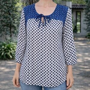 Laura Scott‎ Womens Blouse Blue White Polka Dot Print Tie Neck 3/4 Sleeve Top S